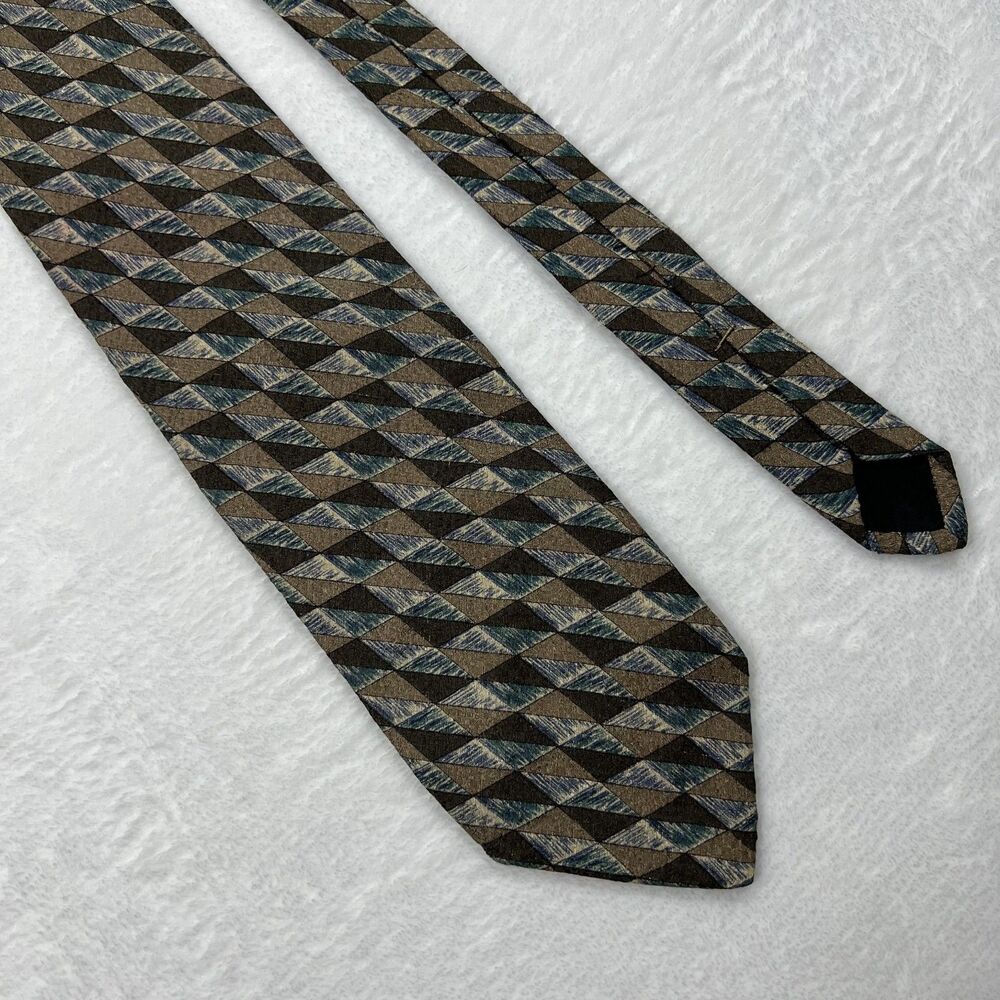 Ferrell Reed Mens Silk Necktie Tie Brown Blue Geometric Handmade in USA